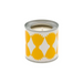 Candle in a decorative tin with orange patterns on a white background