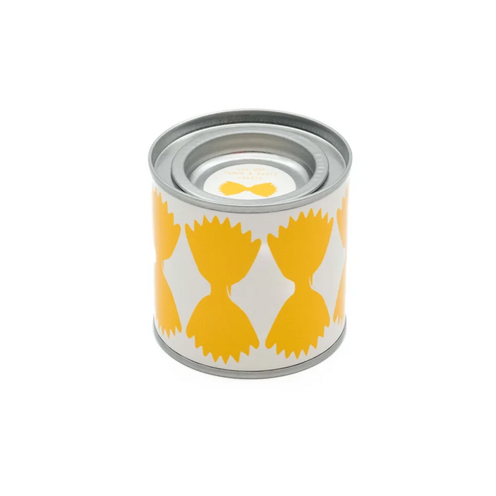 Can with yellow and white design on a white background