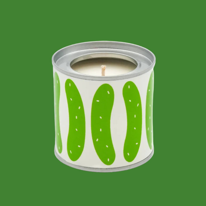 Candle in a can with green pattern on a white background
