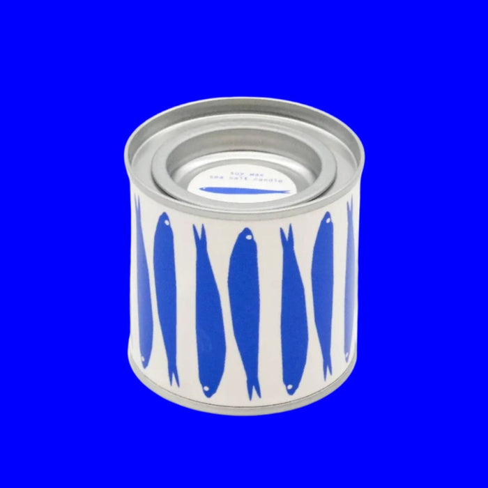 Can with blue fish illustrations on a white background