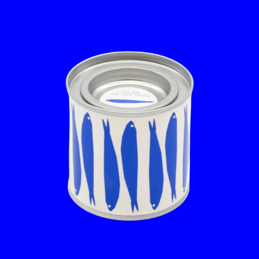 Can with blue fish illustrations on a white background
