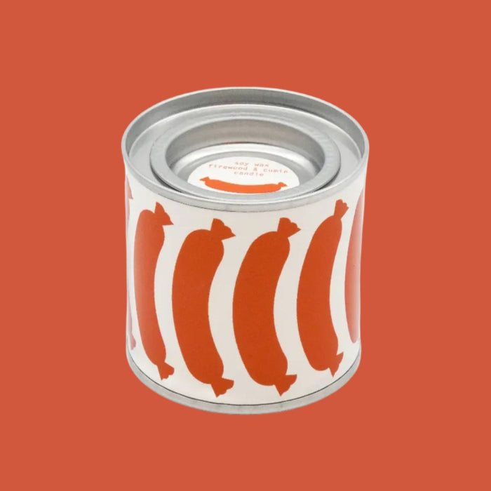 Can with red and white sausage design on a white background