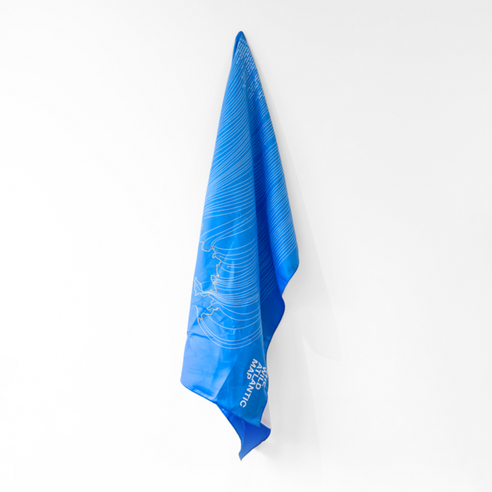 Blue towel hanging with white text on a white background