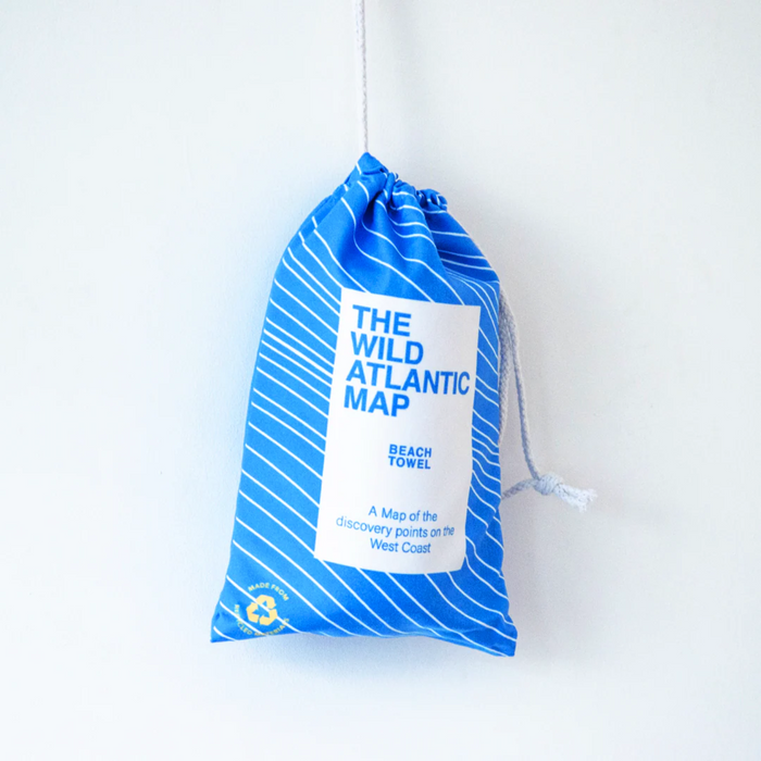 Blue drawstring bag with 'The Wild Atlantic Map' branding on a white background