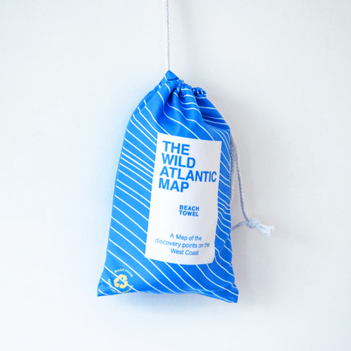 Blue drawstring bag with 'The Wild Atlantic Map' branding on a white background
