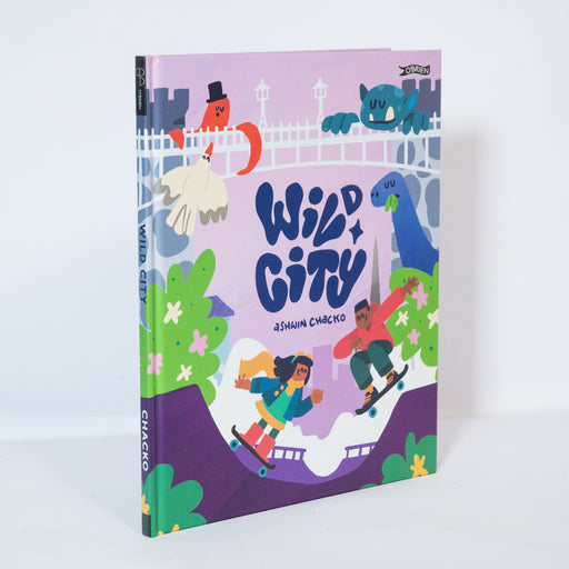 wild city book, a burst of violets and colour in street art style. on the cover. on a white background