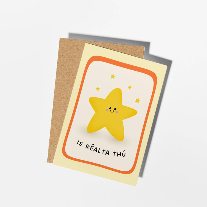 Greeting card with a smiling yellow star and text on a white background