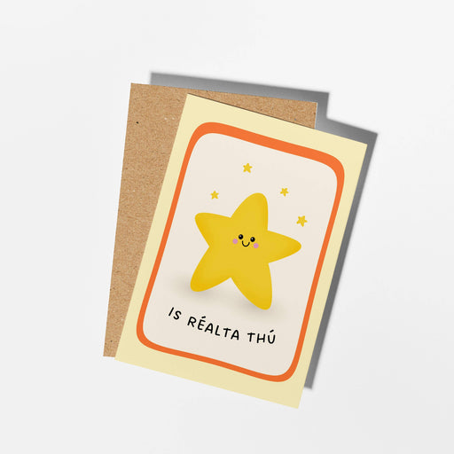 Greeting card with a smiling yellow star and text on a white background