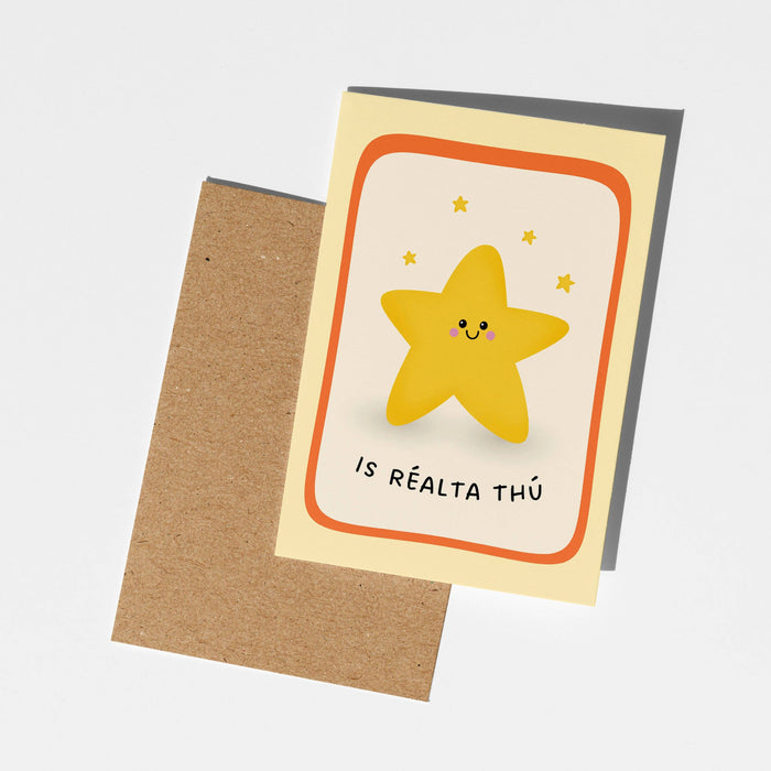 Card with a smiling star illustration and text on a white background
