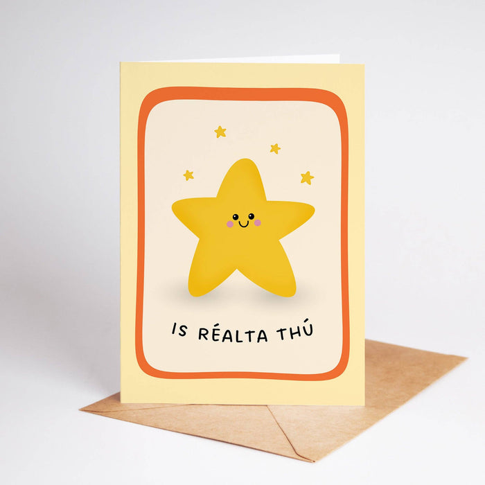 Card with a smiling yellow star and text on a beige background
