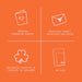 Orange background with white icons and text about paper and envelope details.