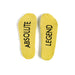 soles of the feet facing upwards with the words absolute legend in block capitals in black facing towards us.