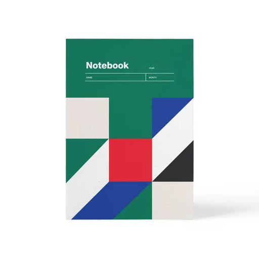 green notebook with white and red squares and blue , black and white triangle patterned  cover