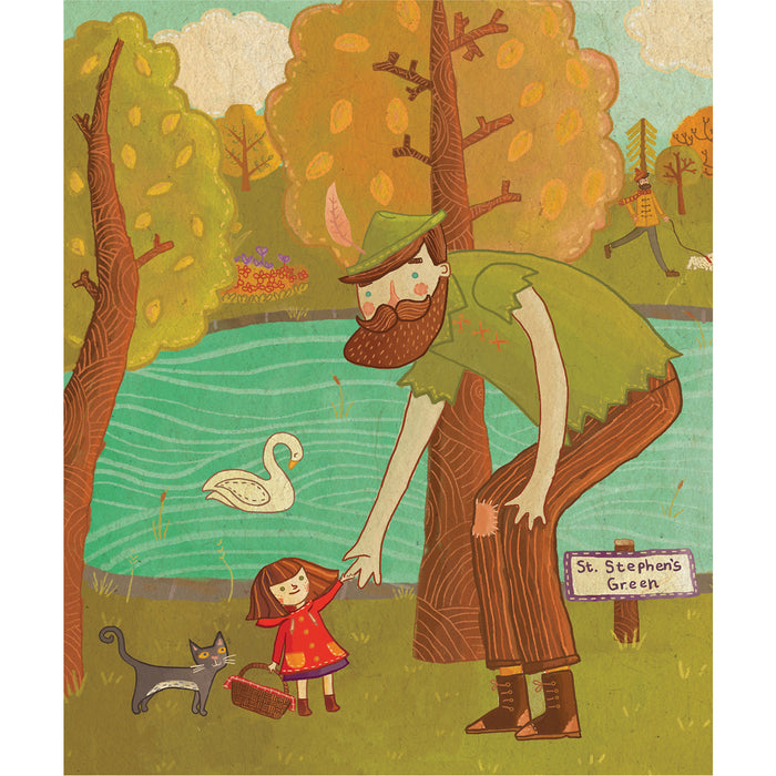 illustration from book at pond in st. stephen's green with small girl shaking hands with a giant.