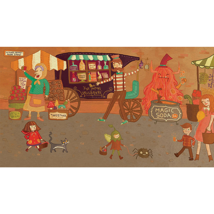 illustration from book. small girl walks through market.