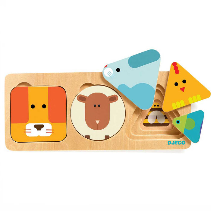 shapes and animals wooden puzzle with square lion, circle sheep and 3 differnet sized triangles with a seal, chicken and fish