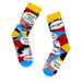 pair of socks with speech bubbles and faces coloured red, yellow, blue and purple