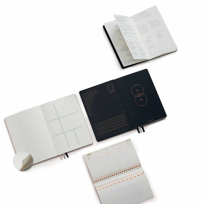 four open notebooks one with black and gold pages three with white pages with writing grids and dots on blank background