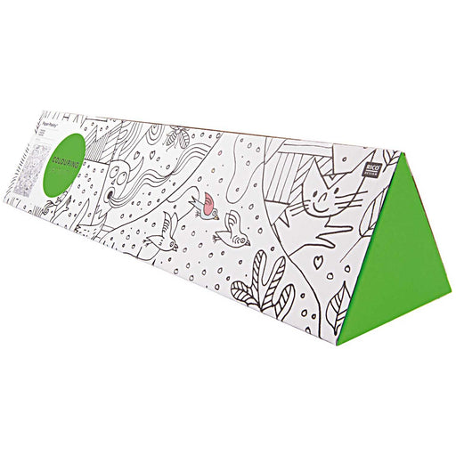 white triangle shaped box with black line drawings on body and green ends