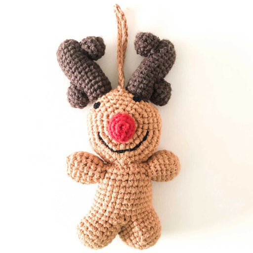 crochet rudolf deer decoration with red nose and brown antlers