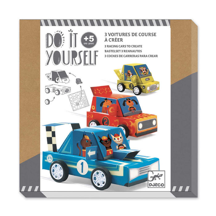 Model car product box, brown and grey with white paper band with 3 model  cardboard cars on front and DO it yOURSELF IN GREY TEXT IN TOP LEFT CORNER