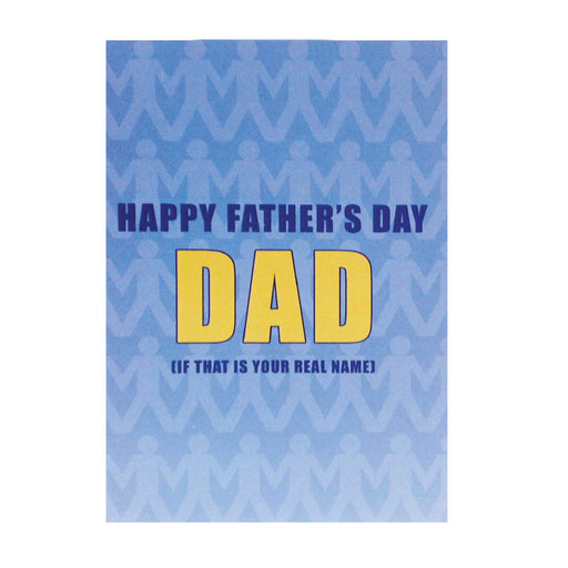 fathers day card with white envelope on white background. navy and yellow text with light blue background. background of card has faded image of paper chain figures.