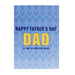 fathers day card with white envelope on white background. navy and yellow text with light blue background. background of card has faded image of paper chain figures.