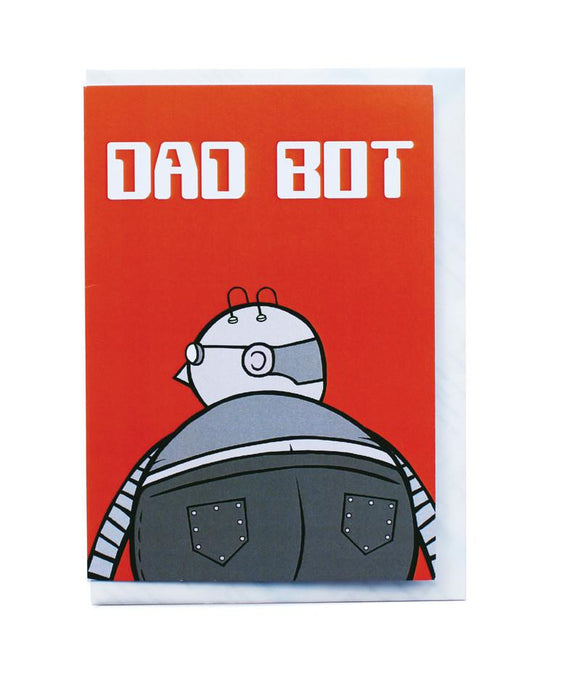 fathers day card with white envelope on bkue background. Orange background on card with cartoon of robot and white text