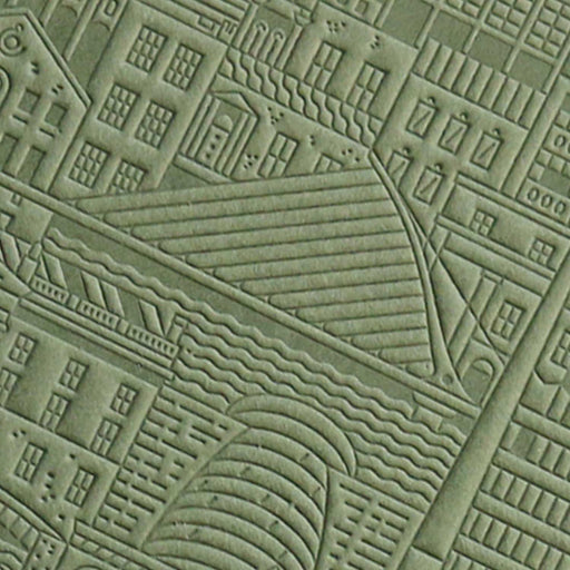 close up of green debossed image of a city bridge with buildings and water