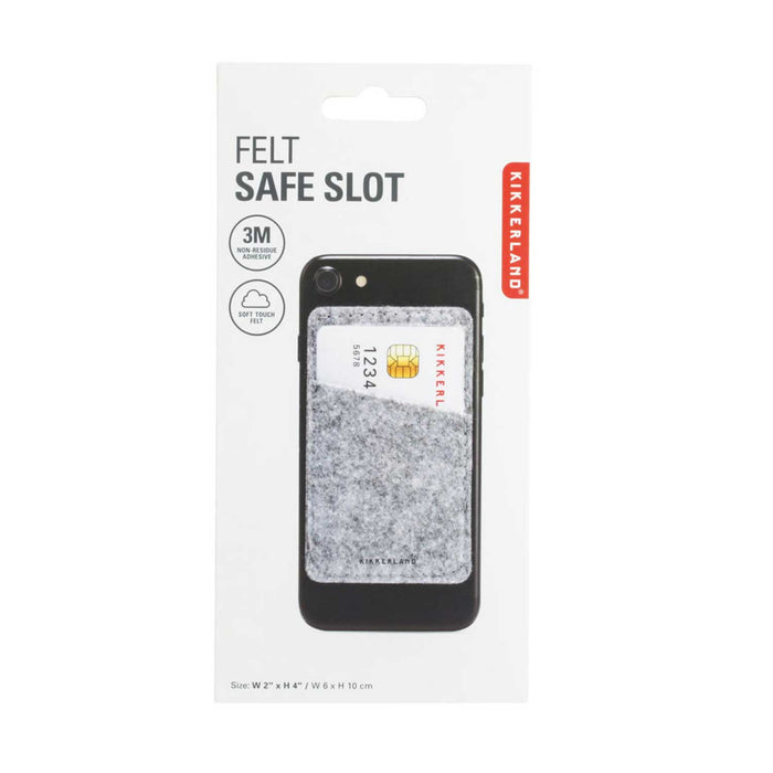 Felt Safe Slot white product package with black phone and grey card holder on cover