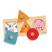 Wooden shapes and animal toy puzzle with blue square and cow yellow triangle and chicken red circle and pig