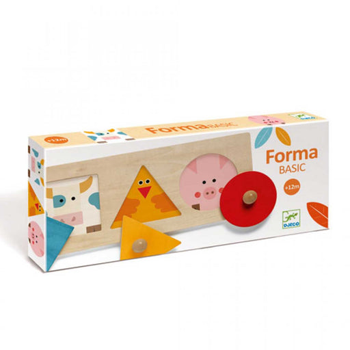 Forma Basic product box Wooden shapes and animal toy puzzle with blue square and cow yellow triangle and chicken red circle and pig