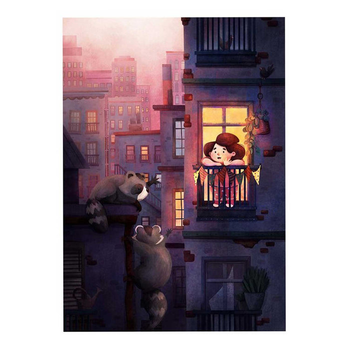 little girl on balcony infront of a brightly lit window waving to two racoons on a nearby building