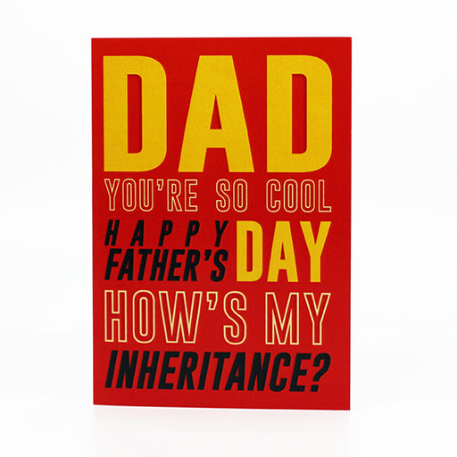 fathers day card with white envelope on white background. red card with yellow, white and black text.