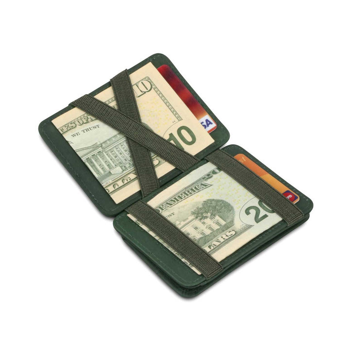 open green wallet with four elastic straps holding a 10 and 20 note