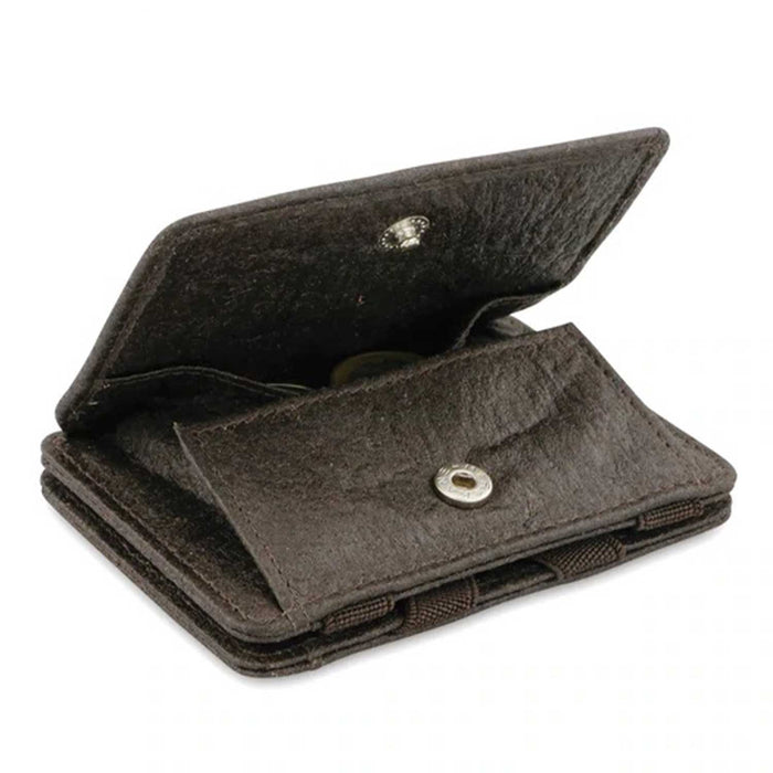 brown coin purse with open flap showing one coin inside