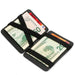open black wallet with two black elastic straps holding paper money