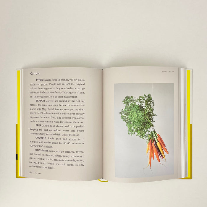 the inside of the book. the book is lying on a white background open. inside there is a photo of a bunch of carrots