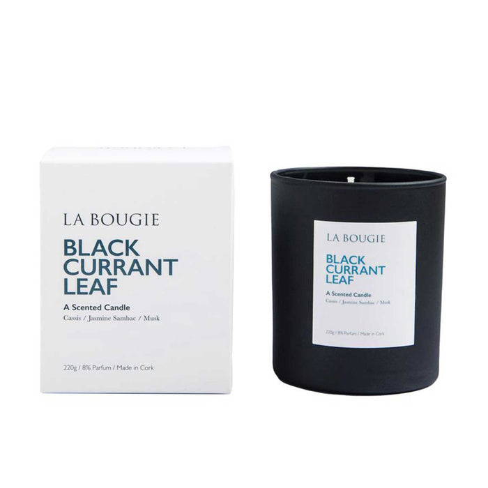 black currant leaf la bougie candle in dark glass container to right of white product box with green writing
