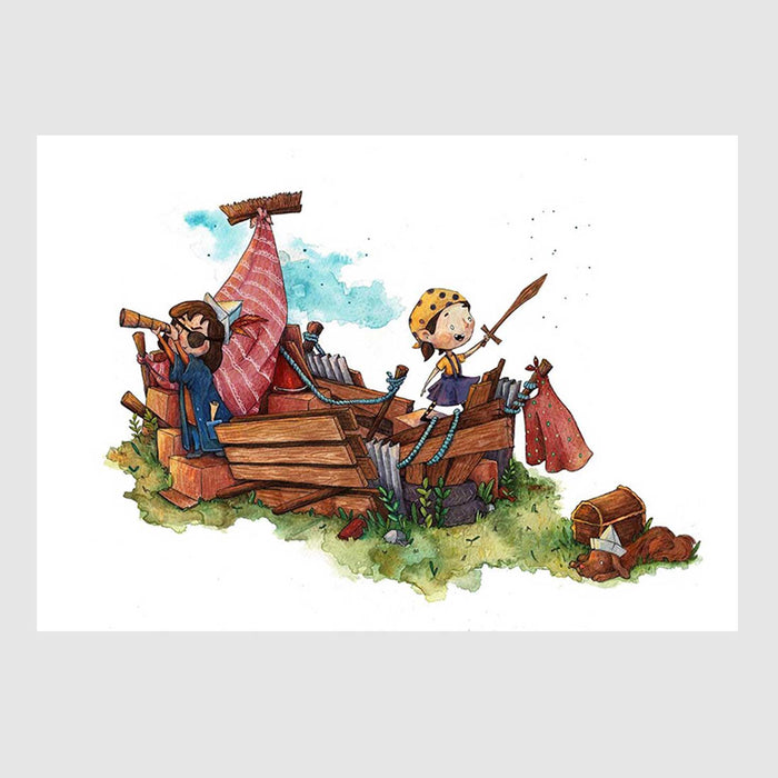 boy and girl on a make shift wooden boat on grass with red and white striped cloth sail, girl has and eyepatch and  telescope, boy has a wooden sword and yellow bandana on head with black spots