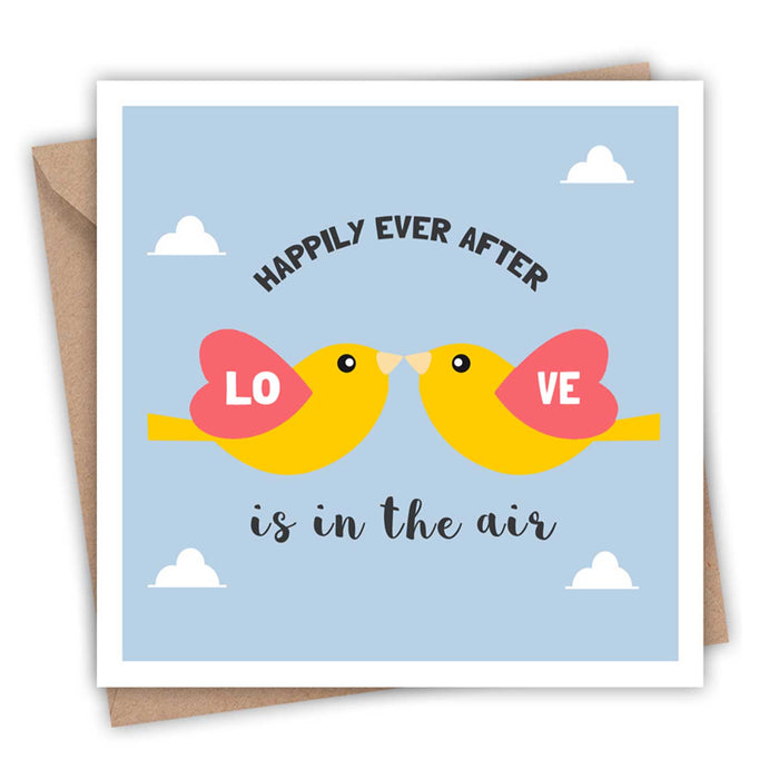 square greeting cards with blue background and two yellow birds with pink wings