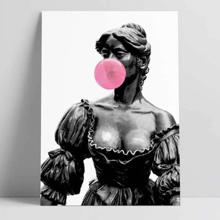print of statue of a woman in black and white blowiing a pink bubble