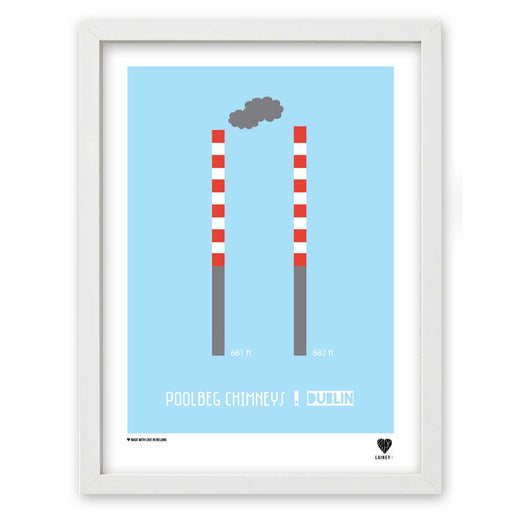 illustrative print in white frame of two long chimneys with grey bases and red and white striped bodies. grey smoke cloud above with blue background and white border