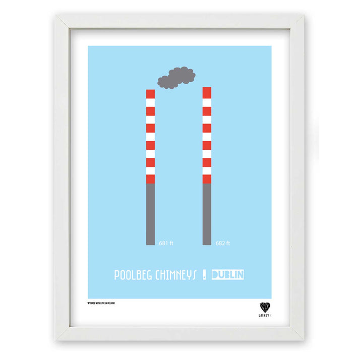 illustrative print in white frame of two long chimneys with grey bases and red and white striped bodies. grey smoke cloud above with blue background and white border