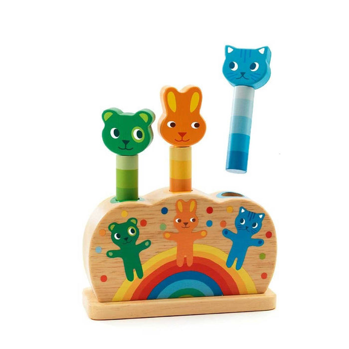 Wooden pop up toy with base painted with illustration of a green bear, orange rabbit and blue cat painted. Matching coloured wooden sticks sticking into base each with a corresponding green bear head, orange rabbit head and blue cat head