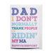 fathers day card with white envelope on white  background. large blue, yellow, green and pink text fills the whole page.