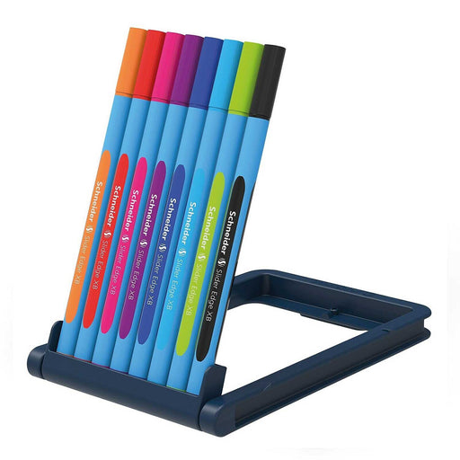 A set of 8 colorful ballpoint pens in a plastic case, with a triangularly shaped barrel in multiple colors including black, green, light blue, blue, purple, pink, red, and orange.