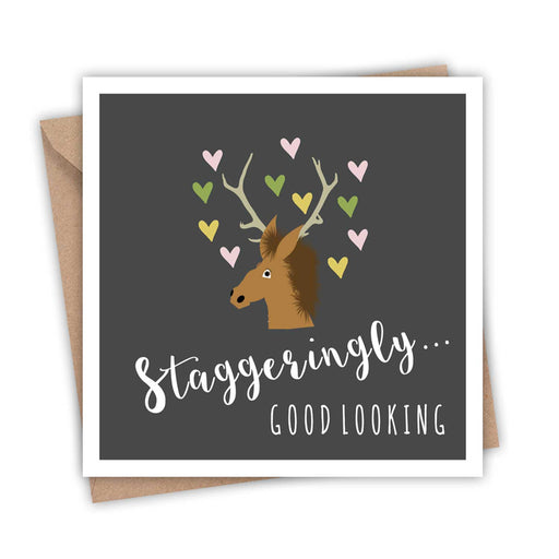 black greeting card with white boarder and illustration of a horse with antlers and Staggeringly Good Looking written underneath