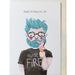 fathers day card with white envelope on white background. black text and cartoon of father with blue hair and black arcade fire band t-shirt licking an ice cream