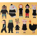 ten cartoon characters in black clothing including two girls, bear, dog, mouse, elephant, chicken and frog
